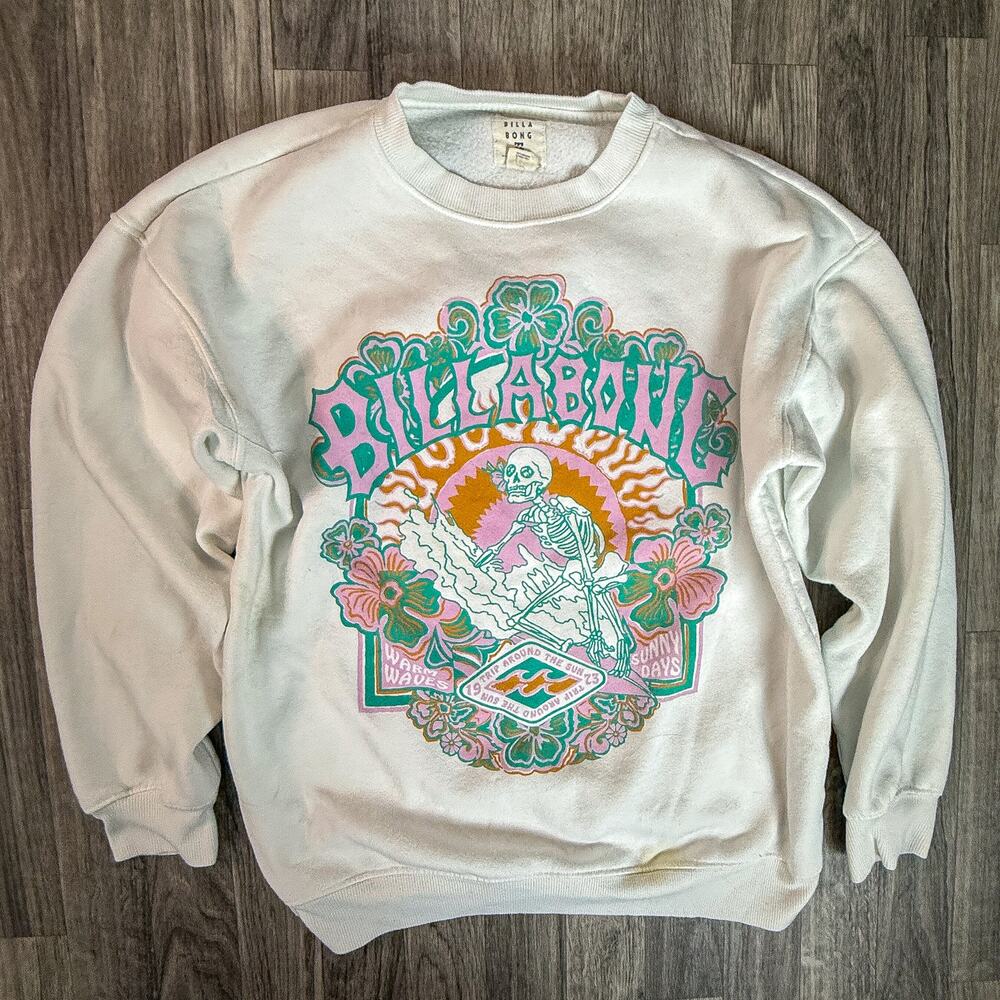 Billabong Skeleton Surf Graphic Crewneck Sweatshirt White Surf Skate Pullover